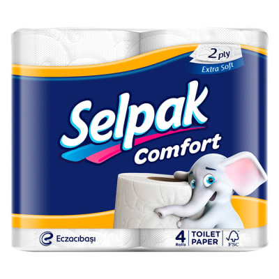 Бумага туалетная 2х-слойная, "Selpak Comfort" с втулкой, без обертки 4 шт в уп