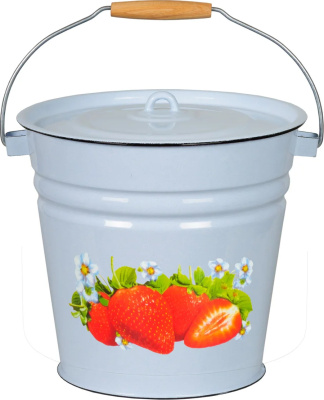 KALAM.KZ - Ведро эмалированное 12л с крышкой Клубника садовая серо-голубое