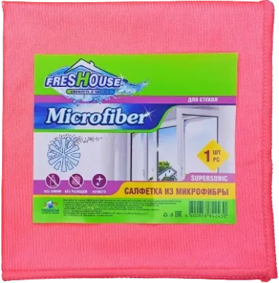 Салфетка 35*35см, микрофибра 1 шт. для стекол и зеркал, розовая Freshouse 