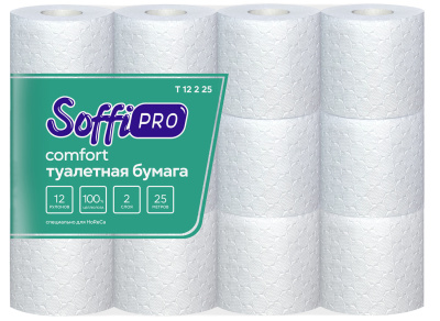 Бумага туалетная 2х-слойная, 25мх208л "SoffiPRO Comfort" с втулкой, без обертки 12 шт в уп