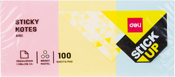 Бумага для заметок 38x51мм, 3цвx100л, самоклеющаяся, прямоугольная пастельные цвета Deli 
