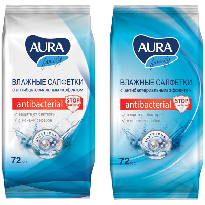 Салфетки влажные 72 шт в уп AURA Family антибактериальные 