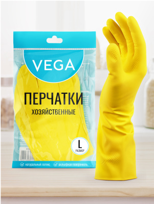 KALAM.KZ - Перчатки резиновые L желтые, х/б напыление 1 пара в уп. Vega 