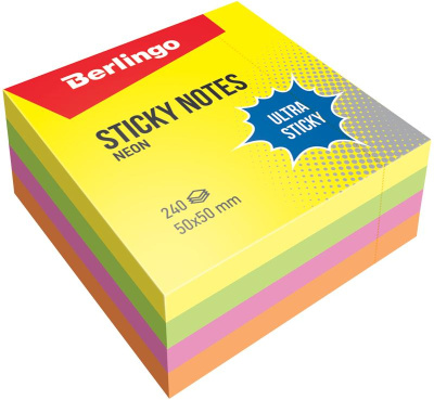 Бумага для заметок самоклеящаяся 50x50мм, 240л, 4 цвета, "Ultra Sticky" Berlibgo