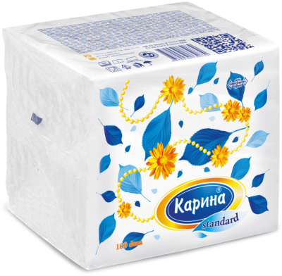 Салфетки бумажные 100шт. в уп, белые Карина Стандарт