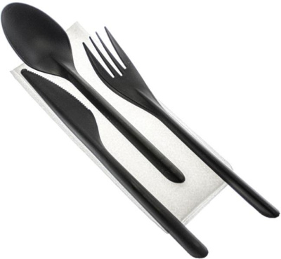 Набор посуды (вилка, ложка нож-черные и салфетка) 300шт в коробке