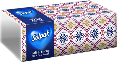 Салфетки бумажные 200шт, 2х-слойные, вытяжные в мягкой упаковке Selpak Comfort Pattern