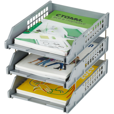 KALAM.KZ - Лоток горизонтальный А4, 3-х секционный, серый, Стамм Strong