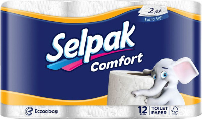 Бумага туалетная 2х-слойная, "Selpak Comfort" с втулкой, без обертки 12 шт в уп