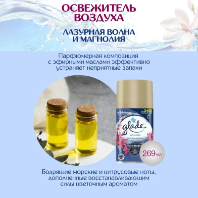 KALAM.KZ - Освежитель воздуха 269мл, Glade automatic осн. блок "Лазурная волна и магнолия" 