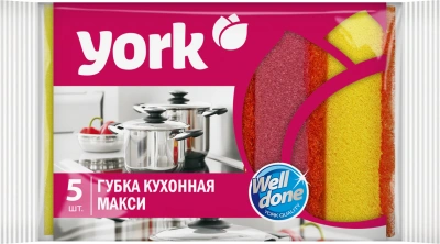 Губка для мытья посуды 5 шт в уп., Макси, поролон с абразивным слоем, York