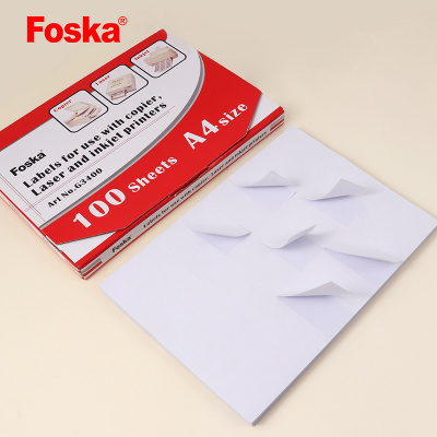 Наклейки на 1, А4, 210x297мм, 100л, белые Foska