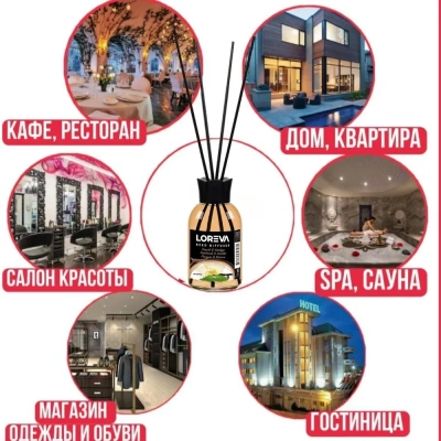 KALAM.KZ - Освежитель-Аромадиффузор 55мл, Loreva с эфирными маслами с палочками, "Пачули и ваниль"