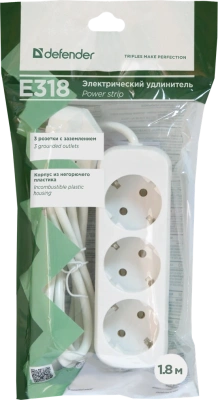 KALAM.KZ - Сетевой фильтр 3 гнезда, 1,8 м,  Defender  E318, белый, без выкл. с заземл.