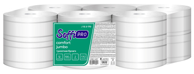 Бумага туалетная 2х-слойная,170м "SoffiPRO Comfort Jumbo" с втулкой, без обертки, без тис 12 шт в уп