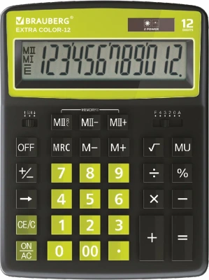 Калькулятор 12 разрядов, 15.5x20.6см, черно-салатовый  BRAUBERG EXTRA COLOR-12-BKLG
