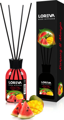 Освежитель-Аромадиффузор 110мл, Loreva с эфирными маслами с палочками, "Арбуз-Манго"