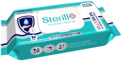 Салфетки влажные 54 шт, в уп, Sterill без запаха, антибактериальные с клапаном