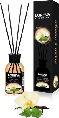 Освежитель-Аромадиффузор 55мл, Loreva с эфирными маслами с палочками, "Пачули и ваниль"