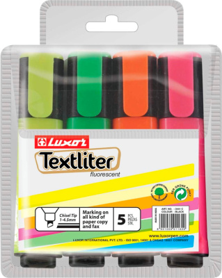 Маркер текстовой 1-4.5мм, скошенный наконечник, 4 цвета в наборе, Luxor 