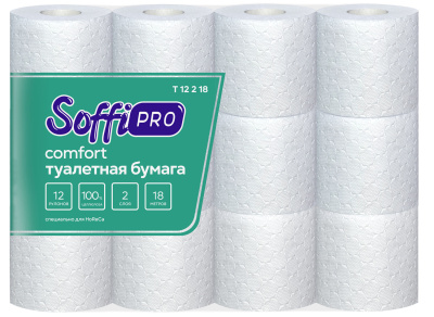Бумага туалетная 2х-слойная, 18мх150л "SoffiPRO Comfort" с втулкой, без обертки 12 шт в уп