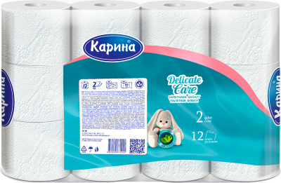 Бумага туалетная 2х-слойная, "Delicate Care Зайчик" с втулкой, 12 шт в уп, Карина
