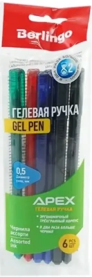 Ручка гелевая 0,5мм., 6шт, набор, ассорти, Berlingo "Apex"