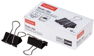 Зажим 25мм, для бумаги 100л черные, 12шт в картонной упаковке, "Hatber"