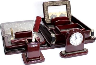 Набор настольный 9 предметов, дерево, бордовый, отделка кожей с египетским рисунком Grand