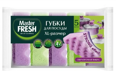 Губка для мытья посуды 5 шт в уп. XL Strong effect, яркие цвета, "Master Fresh"