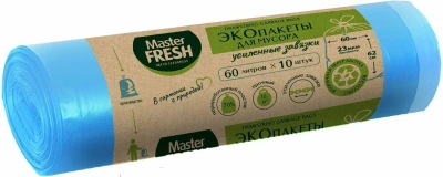 Пакет для мусора на 60л, 10шт, с затяжкой усиленной ЭКО, 23мк,голубой Master Fresh