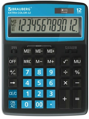 Калькулятор 12 разрядов, 15.5x20.6см, черно-голубой  BRAUBERG EXTRA COLOR-12-BKBU