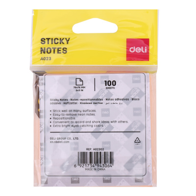 Бумага для заметок самоклеющаяся 76x76мм, 4цвх25л, 100л, неоновые цвета Deli "Stick UP"