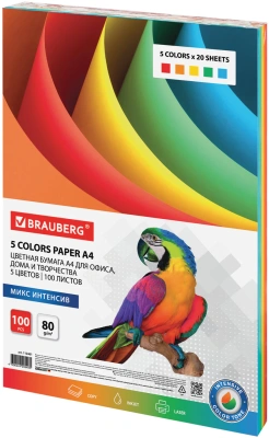 Бумага цветная A4, 80гр, 100л, 5цветов, интенсив,  Brauberg