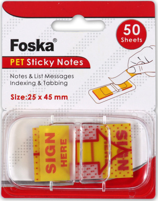 Закладки клейкие 45x25мм, 2штx50л, с надписью "Sign Here", пластиковые Foska