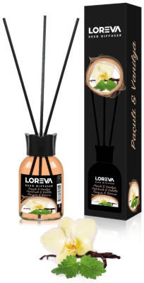 Освежитель-Аромадиффузор 55мл, Loreva с эфирными маслами с палочками, "Ваниль"