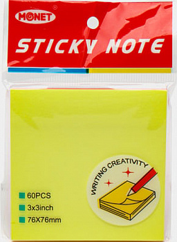 Бумага для заметок 76x76мм, 100л., самоклеющаяся, желтая "Sticky"