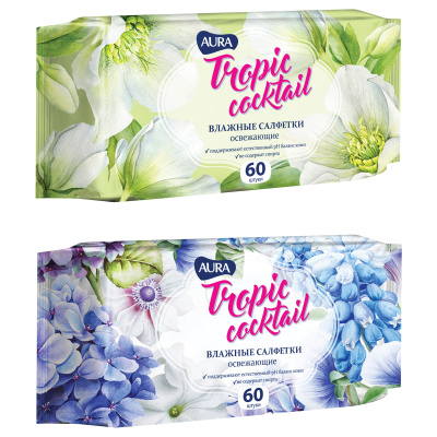 Салфетки влажные 60 шт в уп AURA Family Tropic Cocktail   