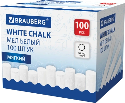 Мел белый 100 шт, школьный Brauberg, мягкий, круглый, картонная коробка