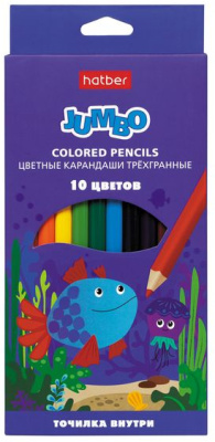 Карандаши "Hatber", 10 цветов, серия "Jumbo", с точилкой, в картонной упаковке