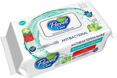 Салфетки влажные 100шт, антибактериальные с клапаном Flovell Care