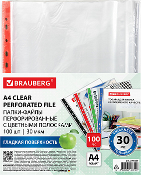 KALAM.KZ - Файл прозрачный A4, 0,030мм, цветные полосы, 100шт в уп., Brauberg