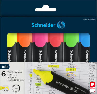 Маркер текстовой 0.4мм, скошенный наконечник, набор 6 цветов Job  Schneider