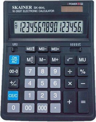Калькулятор 16 разрядов, 2-е питание, 2-я память, 153 x 199 x 31 мм, черный Skainer