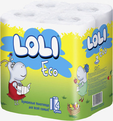 Полотенца бумажные 2х-слойные "Loli ECO" с втулкой, без обертки 4 шт в уп