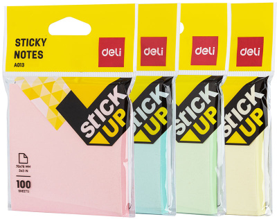 Бумага для заметок самоклеющаяся 76x76мм, 100л, 4цв ассорти в коробке пастельные Deli "Stick UP"