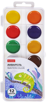 Акварель медовая, 12 цветов, без кисти, полусухая,  серия "Colora", пластиковый пенал, "Hatber"