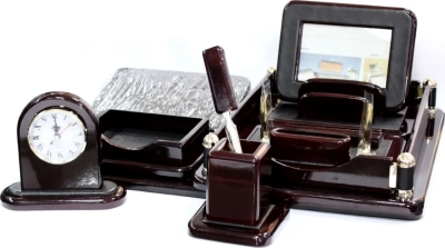 Набор настольный 10 предметов, дерево, темно-бордовый, отделка черная кожа Grand