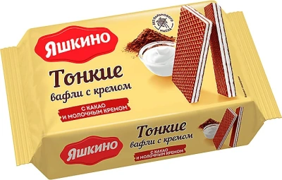 Вафли тонкие с молочным какао кремом, 144 г Яшкино