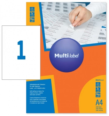 Наклейки на 1, А4, 210x297мм, 100л, белые Multilabel